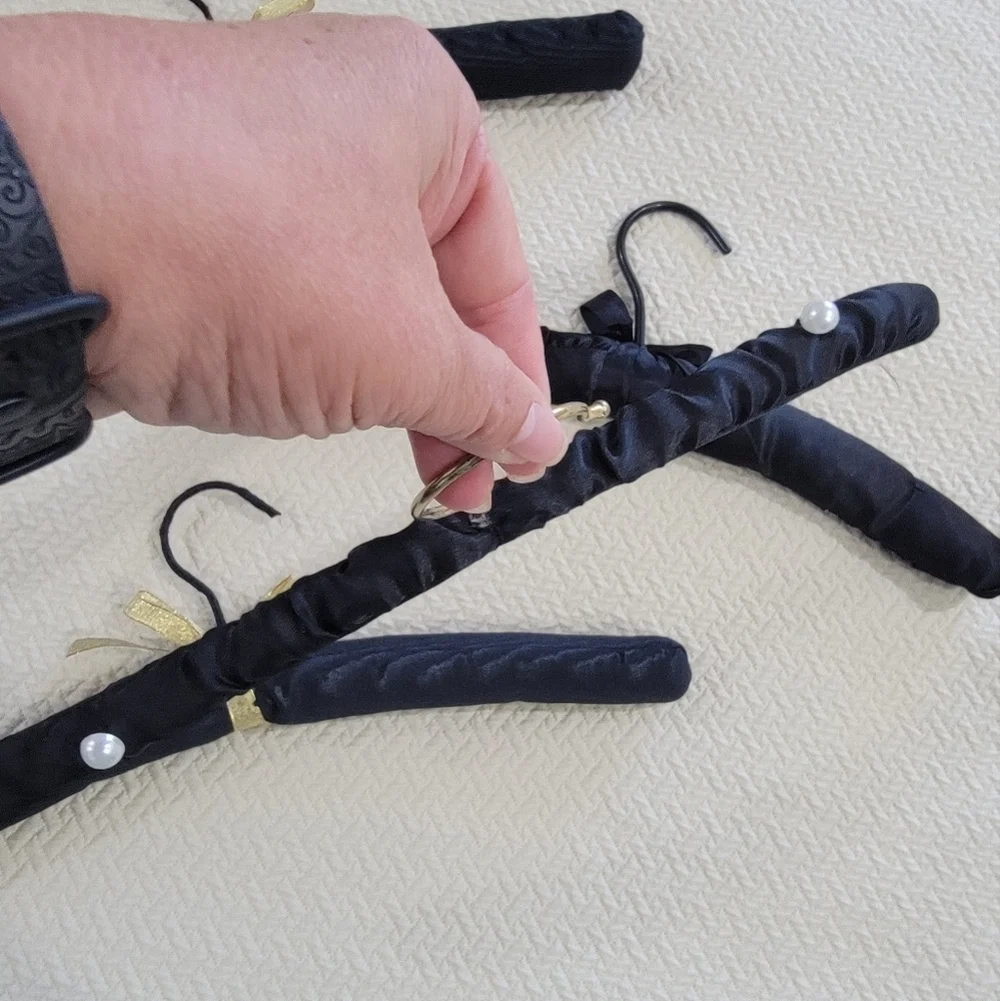Set of Vintage Black Satin Padded Hangers with Gold And Pearl Accents